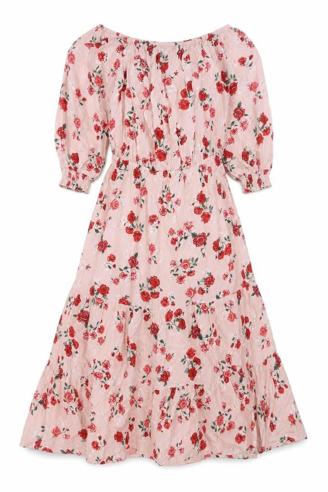 Front view of H&M women’s pink floral viscose a-line, size UK 8, off the shoulder pullover - pleated