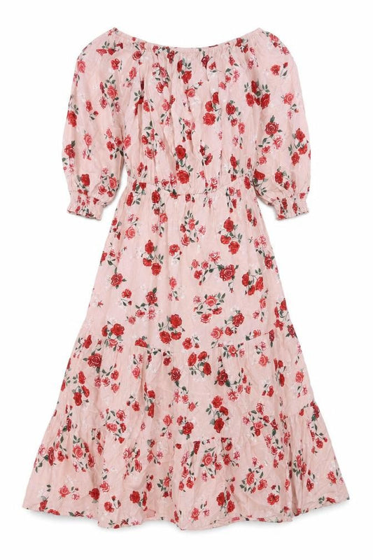 Front view of H&M women’s pink floral viscose a-line, size UK 8, off the shoulder pullover - pleated