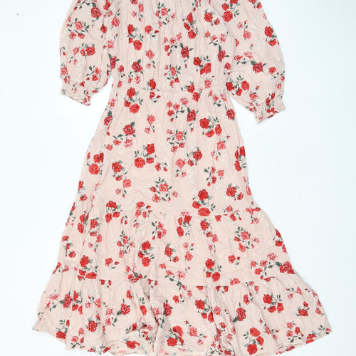 H&M Womens Pink Floral Viscose A-Line Size 8 Off the Shoulder Pullover - Pleated
