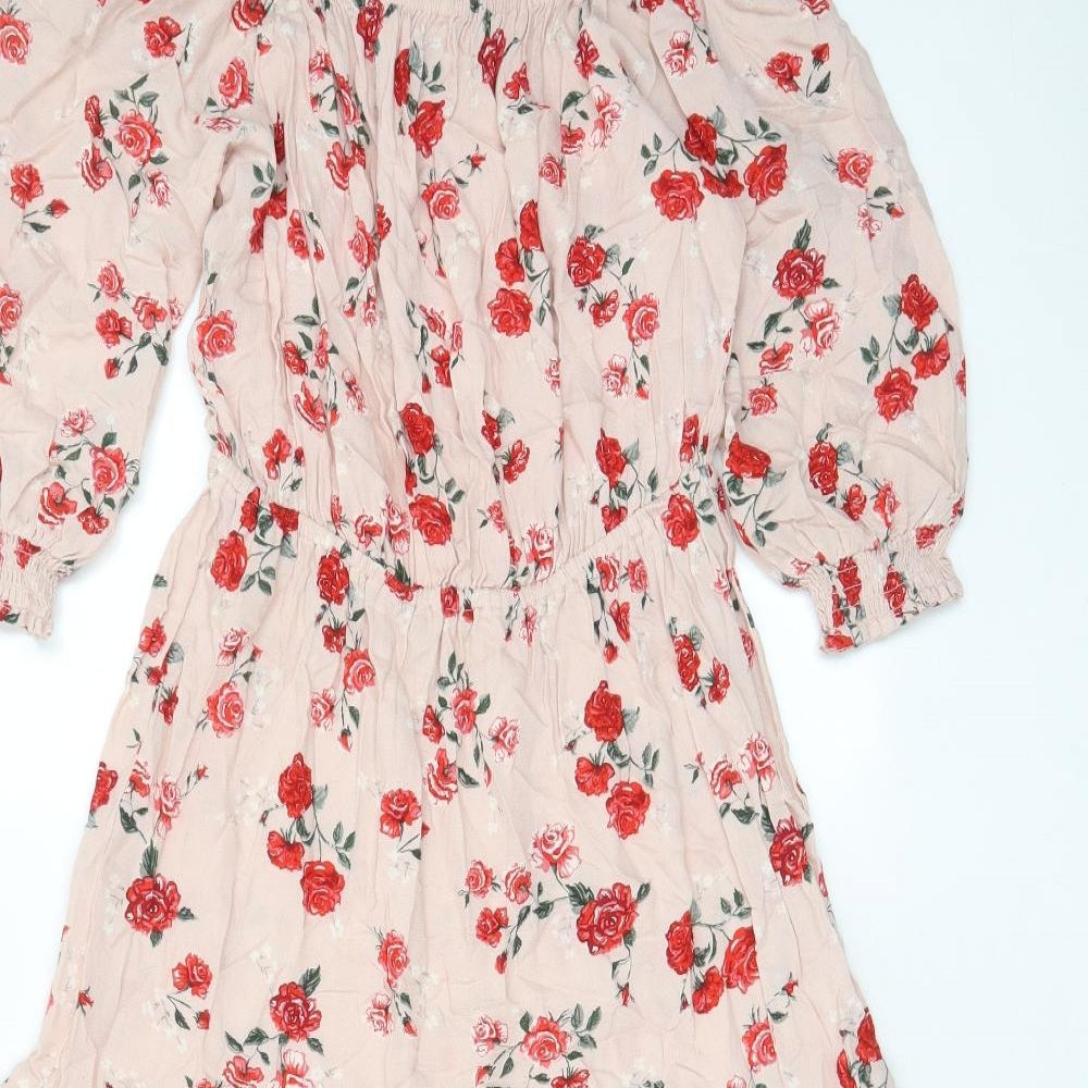 H&M Womens Pink Floral Viscose A-Line Size 8 Off the Shoulder Pullover - Pleated