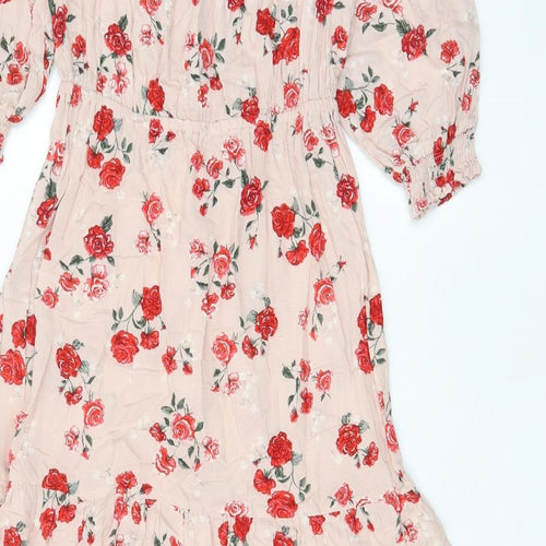 H&M Womens Pink Floral Viscose A-Line Size 8 Off the Shoulder Pullover - Pleated