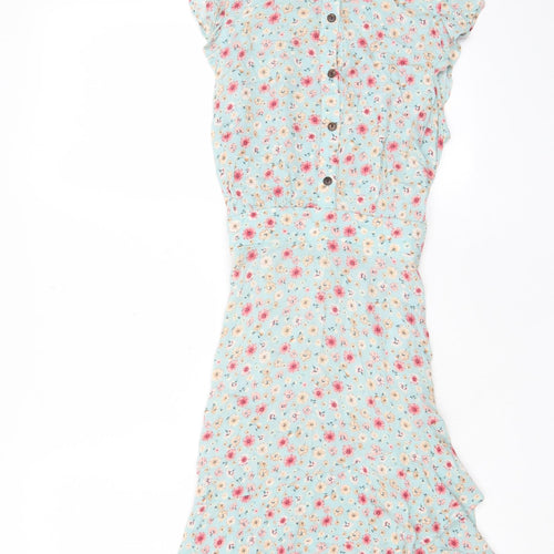 Monteau Womens Blue Floral Viscose A-Line Size S Collared Button - Belted