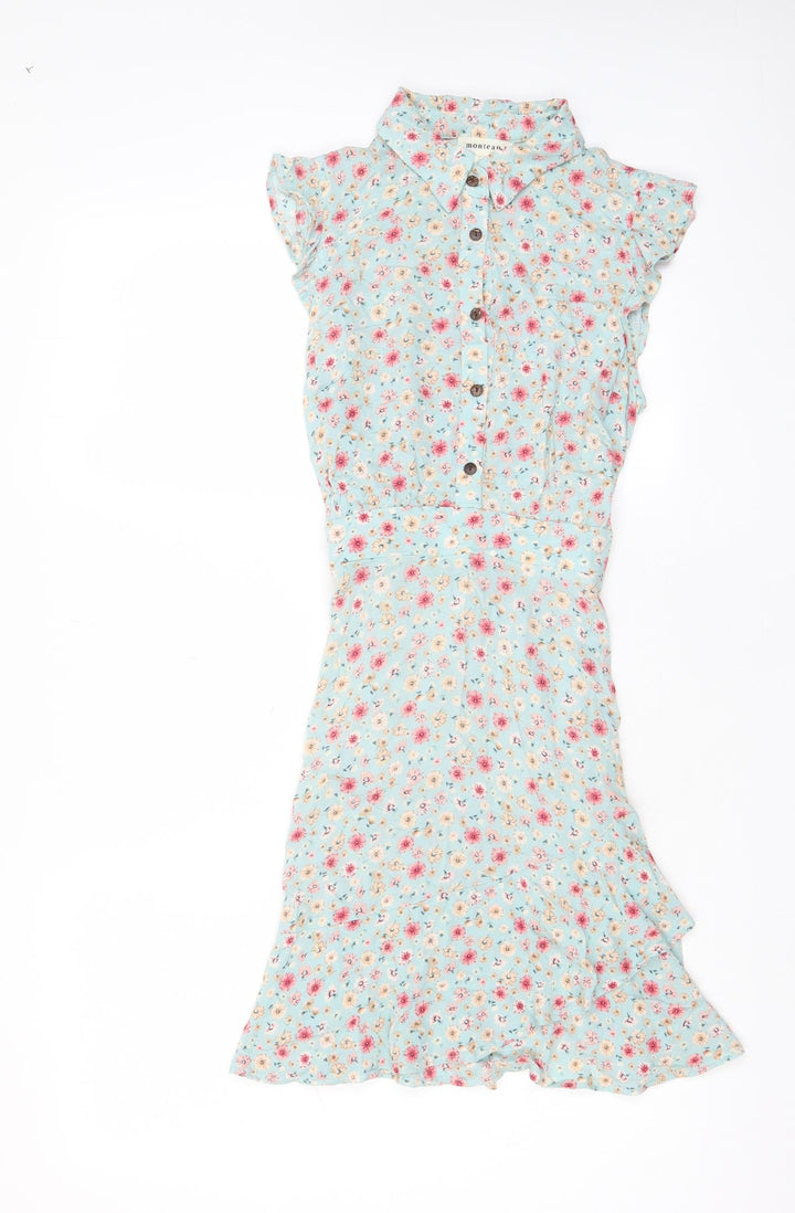 Monteau Womens Blue Floral Viscose A-Line Size S Collared Button - Belted
