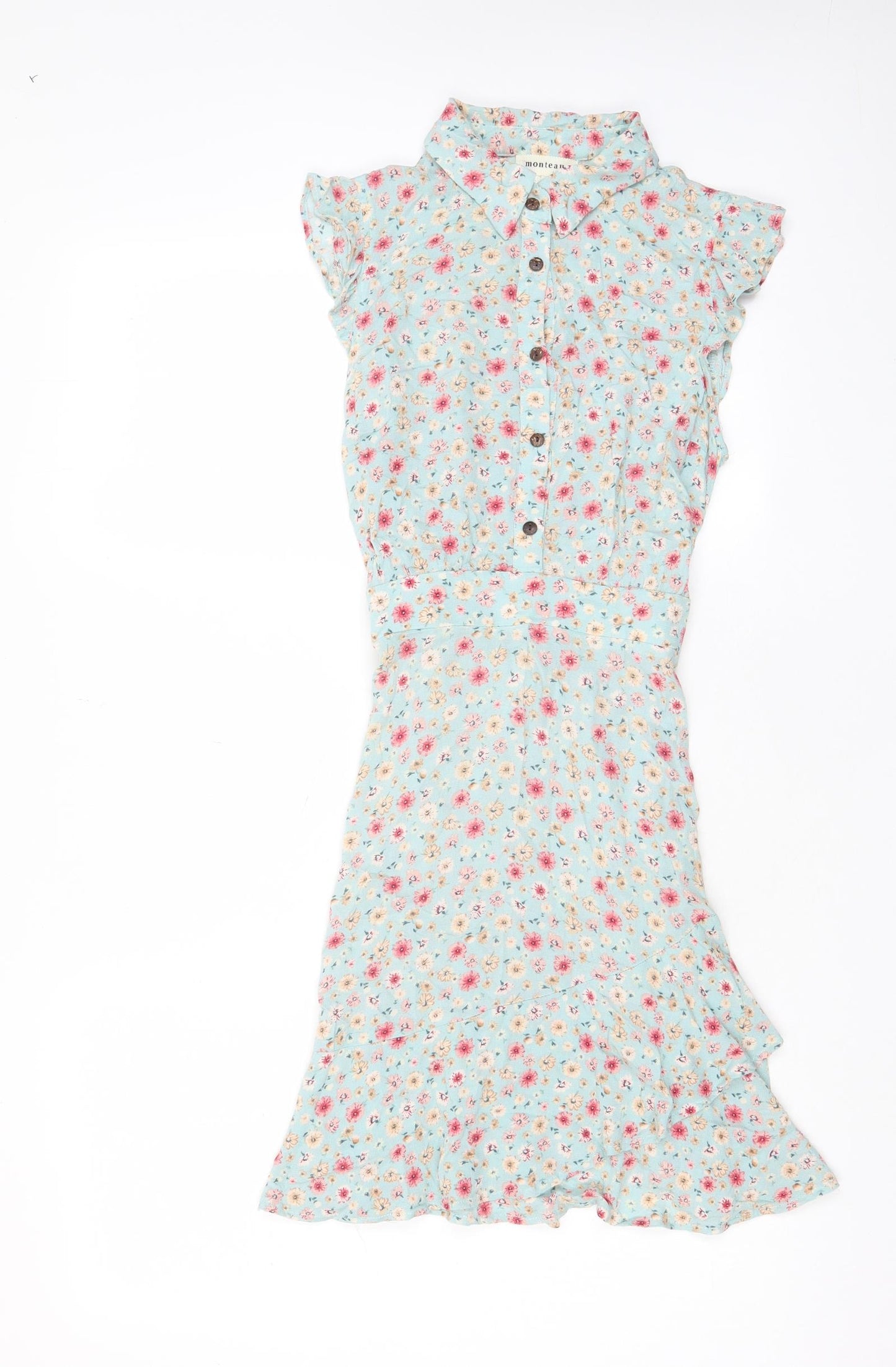 Monteau Womens Blue Floral Viscose A-Line Size S Collared Button - Belted