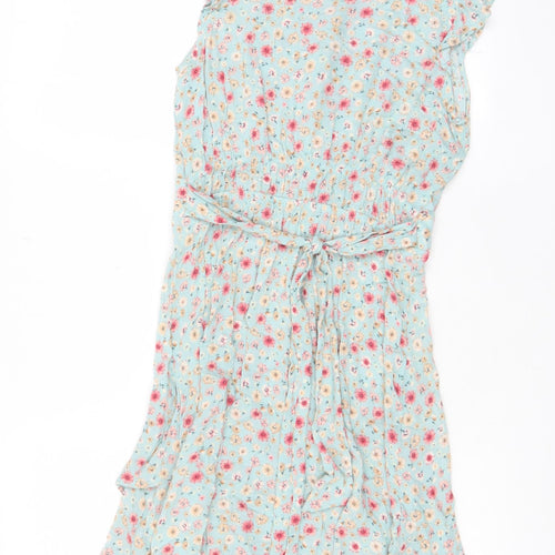 Monteau Womens Blue Floral Viscose A-Line Size S Collared Button - Belted