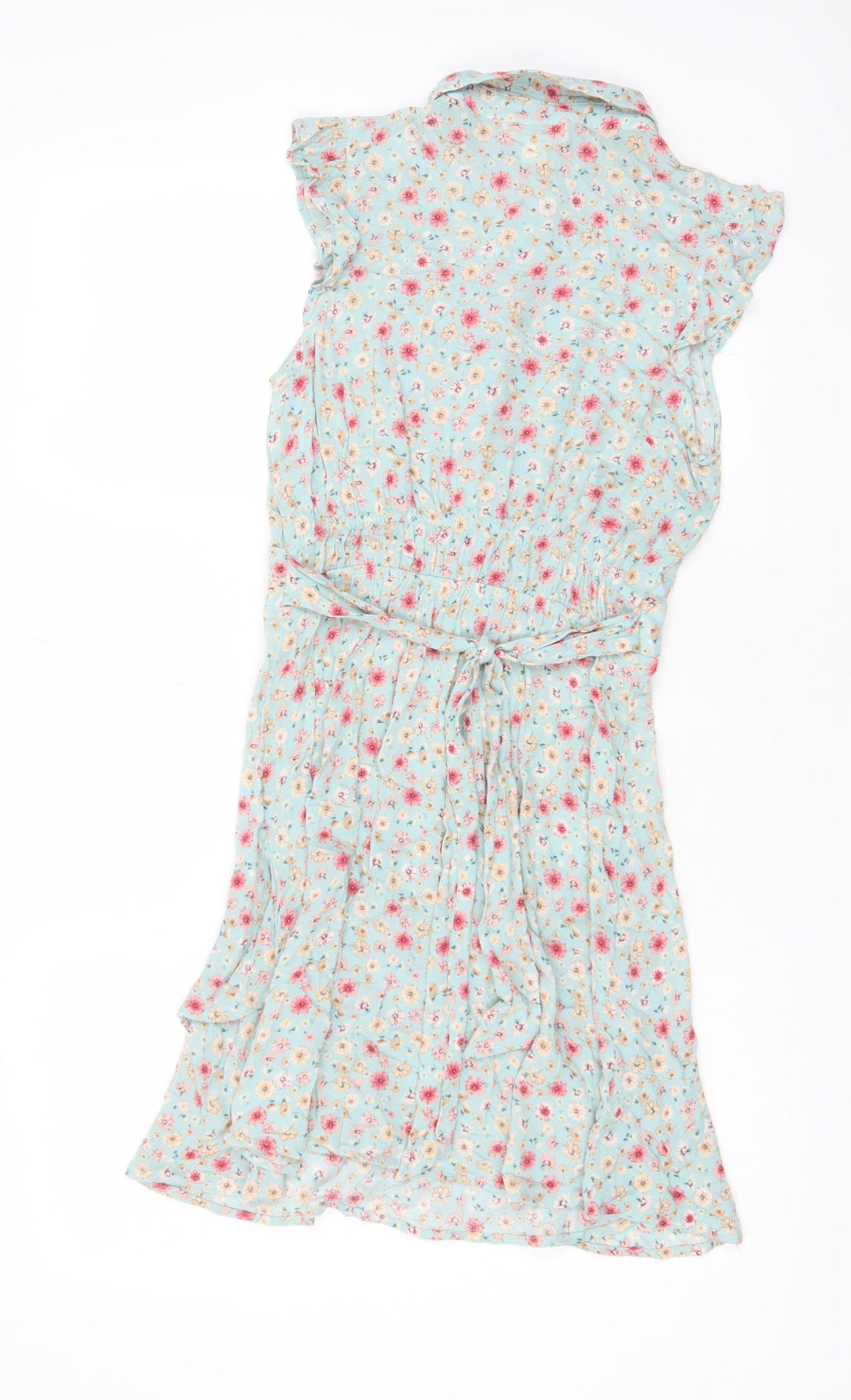 Monteau Womens Blue Floral Viscose A-Line Size S Collared Button - Belted