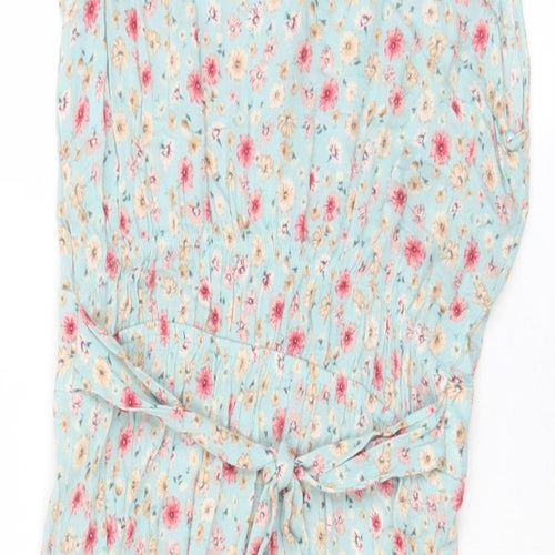 Monteau Womens Blue Floral Viscose A-Line Size S Collared Button - Belted