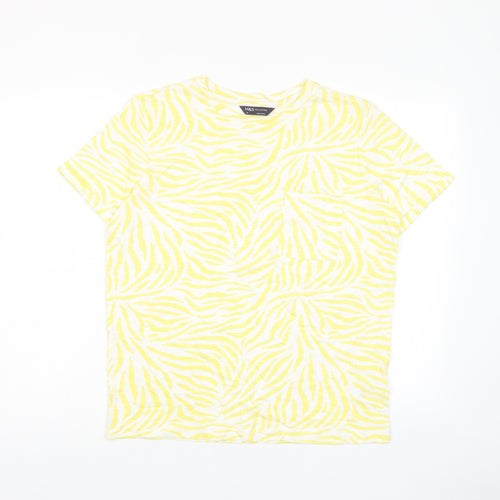 Marks and Spencer Womens Yellow Geometric Cotton Basic T-Shirt Size 10 Crew Neck