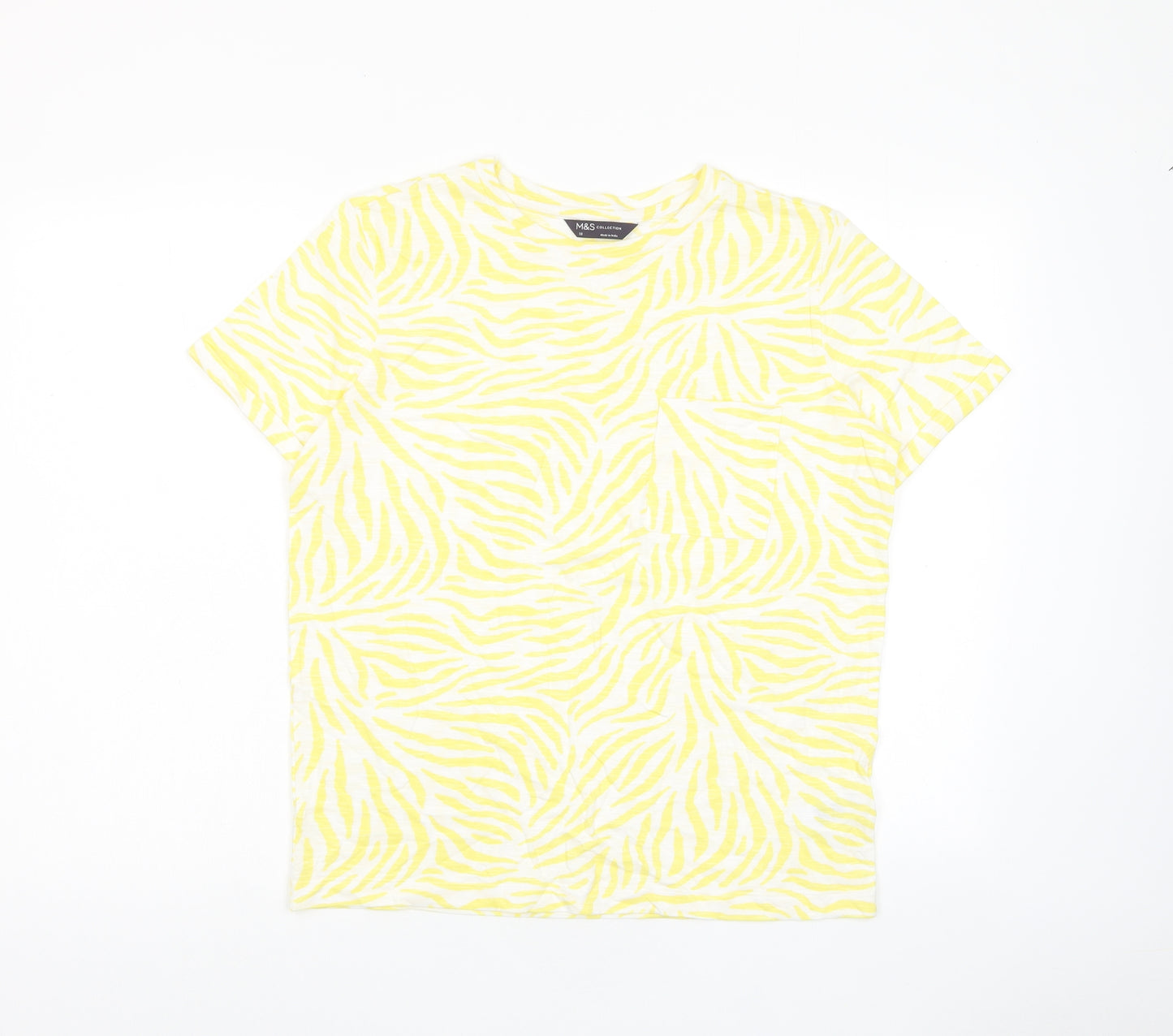 Marks and Spencer Womens Yellow Geometric Cotton Basic T-Shirt Size 10 Crew Neck