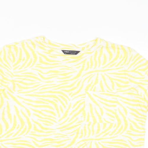 Marks and Spencer Womens Yellow Geometric Cotton Basic T-Shirt Size 10 Crew Neck