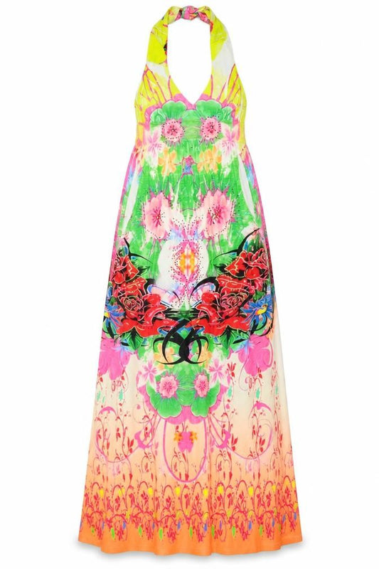 Front view of Rosa & Rose women’s multicoloured geometric polyester a-line, size L, halter tie - beaded