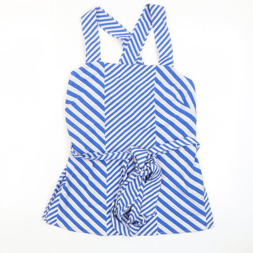 Marks and Spencer Womens Blue Striped Cotton Basic Tank Size 10 Square Neck - Tie Front