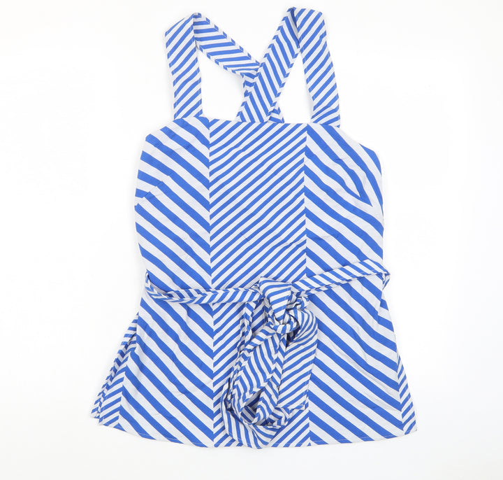 Marks and Spencer Womens Blue Striped Cotton Basic Tank Size 10 Square Neck - Tie Front