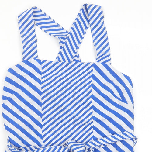 Marks and Spencer Womens Blue Striped Cotton Basic Tank Size 10 Square Neck - Tie Front