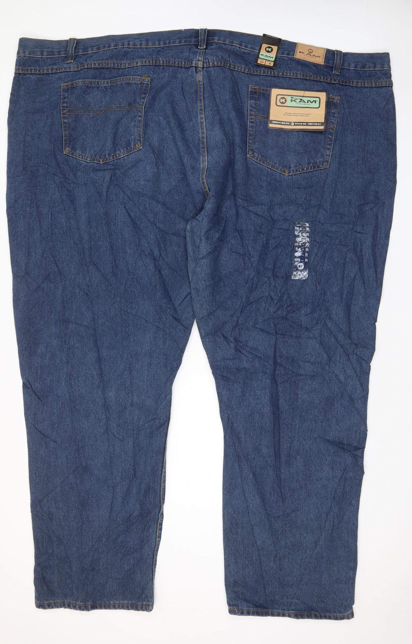 KAM Mens Blue Cotton Straight Jeans Size 62 in L35 in Regular Zip - 64 Waist
