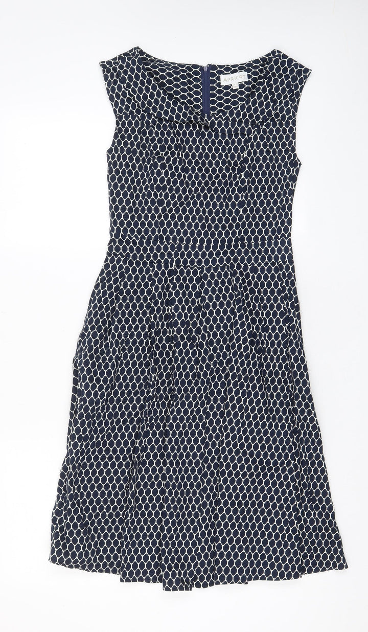 Apricot Womens Blue Geometric Cotton A-Line Size 8 V-Neck Zip - Pleated