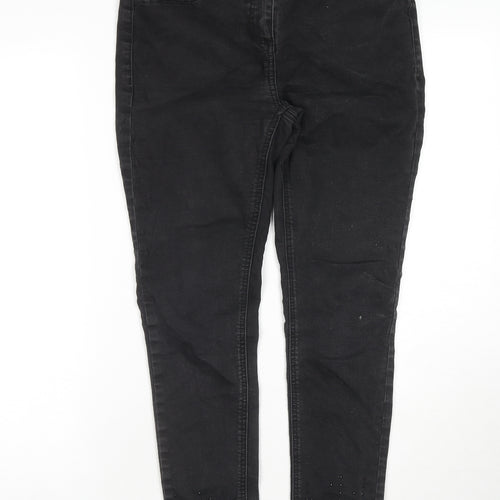 NEXT Womens Black Cotton Skinny Jeans Size 12 L27 in Regular Zip - Jeweled Detail