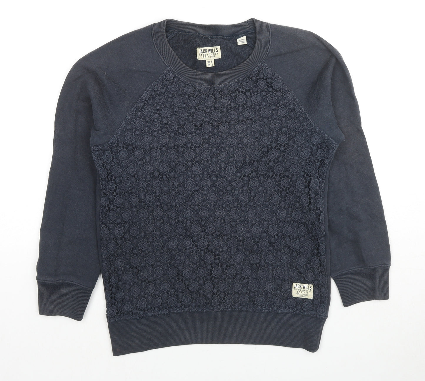 Jack Wills Womens Black Floral Cotton Pullover Sweatshirt Size 6 Pullover - Lace Detail