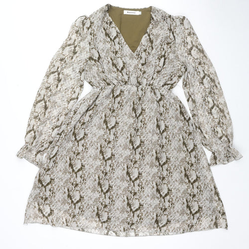 Kaycee Womens Beige Animal Print Polyester Fit & Flare Size L V-Neck Pullover - Snake Pattern