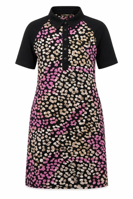 Front view of Next women’s multicoloured geometric viscose a-line, size UK 12, collared button