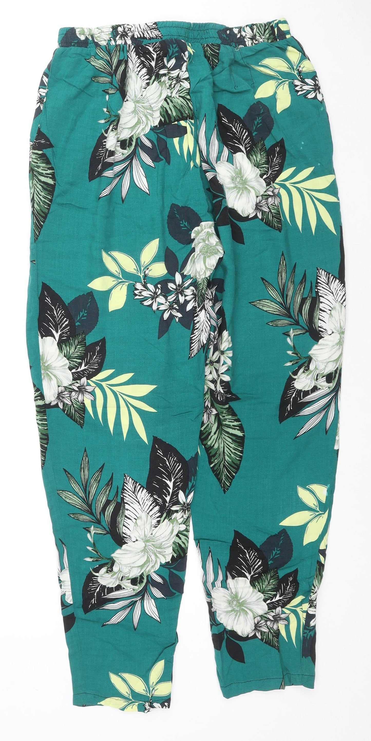 Blue Chameleon Womens Green Floral Viscose Chino Trousers Size S L26 in Regular Drawstring
