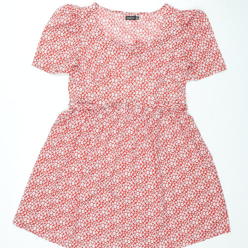 Boohoo Womens Red Floral Polyester Trapeze & Swing Size 10 Square Neck Pullover