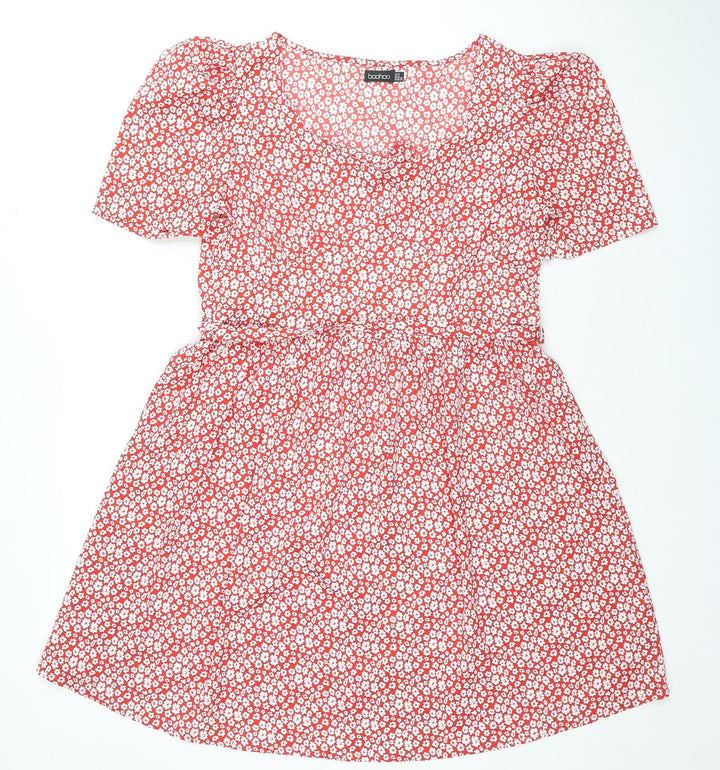 Boohoo Womens Red Floral Polyester Trapeze & Swing Size 10 Square Neck Pullover