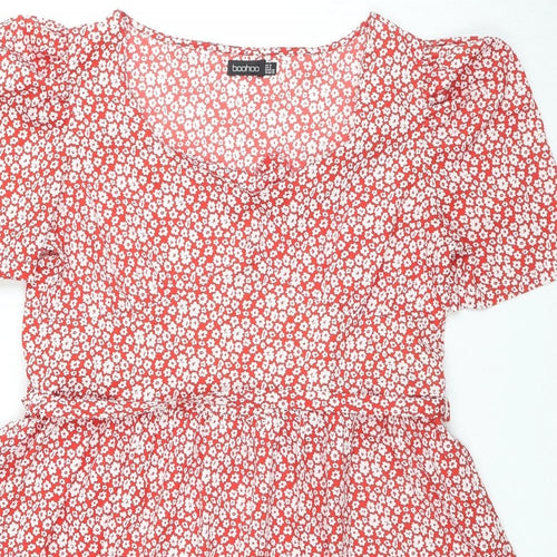 Boohoo Womens Red Floral Polyester Trapeze & Swing Size 10 Square Neck Pullover