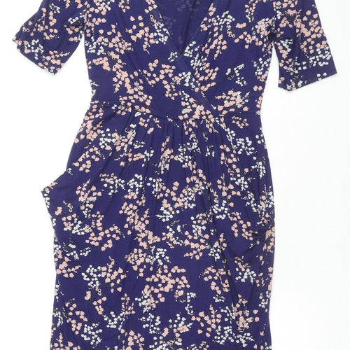 Billie & Blossom Womens Blue Floral Viscose A-Line Size 8 V-Neck Pullover