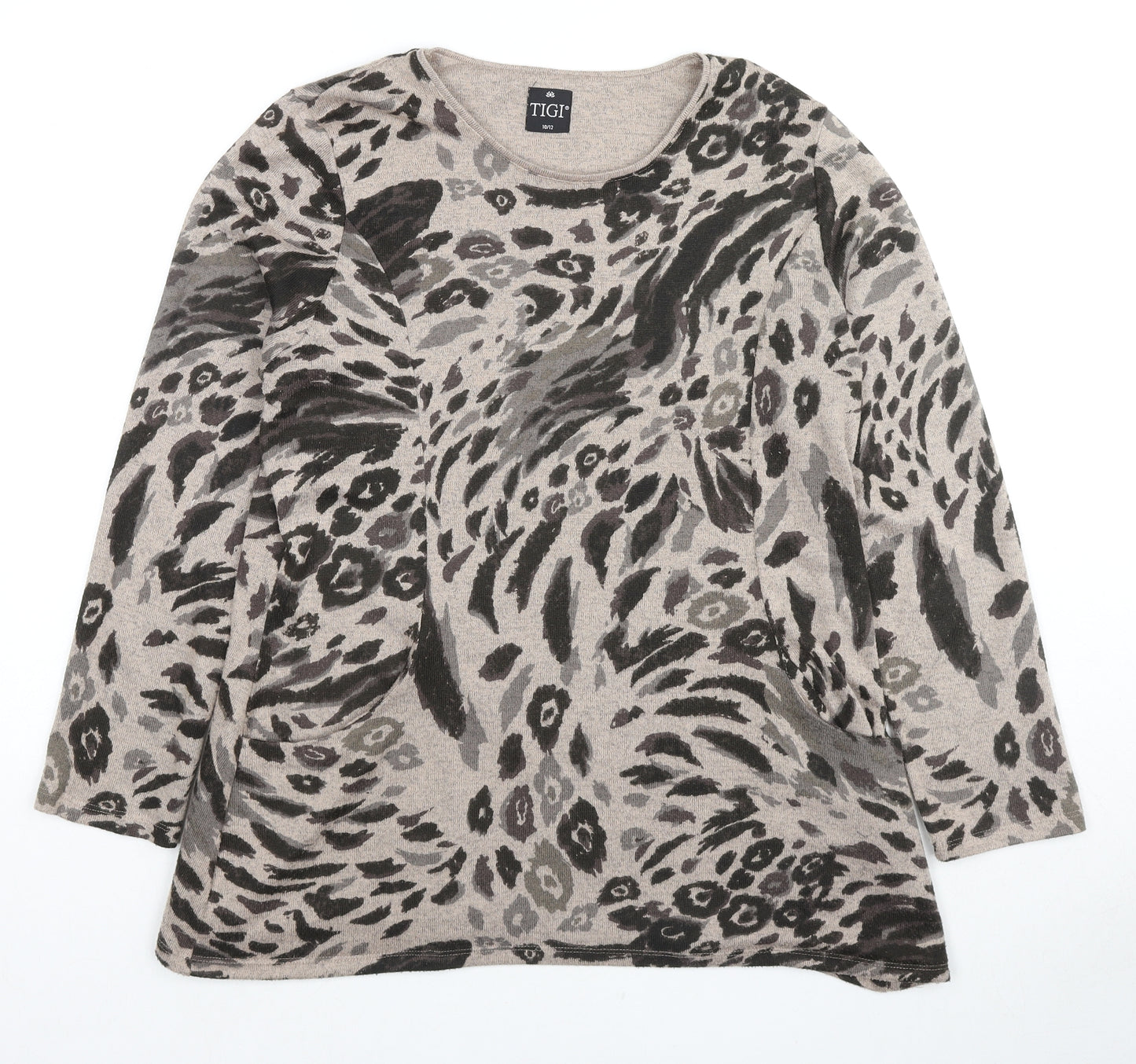 TIGI Womens Beige Round Neck Geometric Polyester Tunic Jumper Size 10 - Size 10-12 Pockets