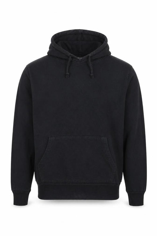 Front view of Collusion men’s black cotton pullover hoodie, size S