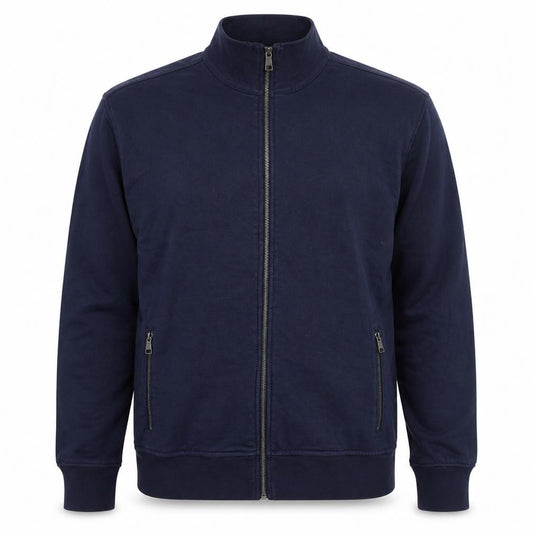 Front view of Kirkland Signature men’s blue cotton full zip hoodie, size M