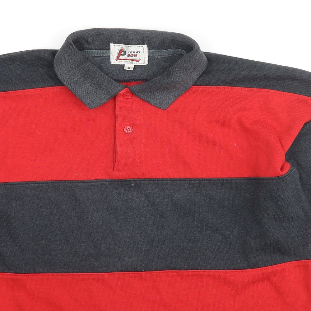 Pierre Leon Mens Red Striped Polyester Polo Size S Collared Pullover