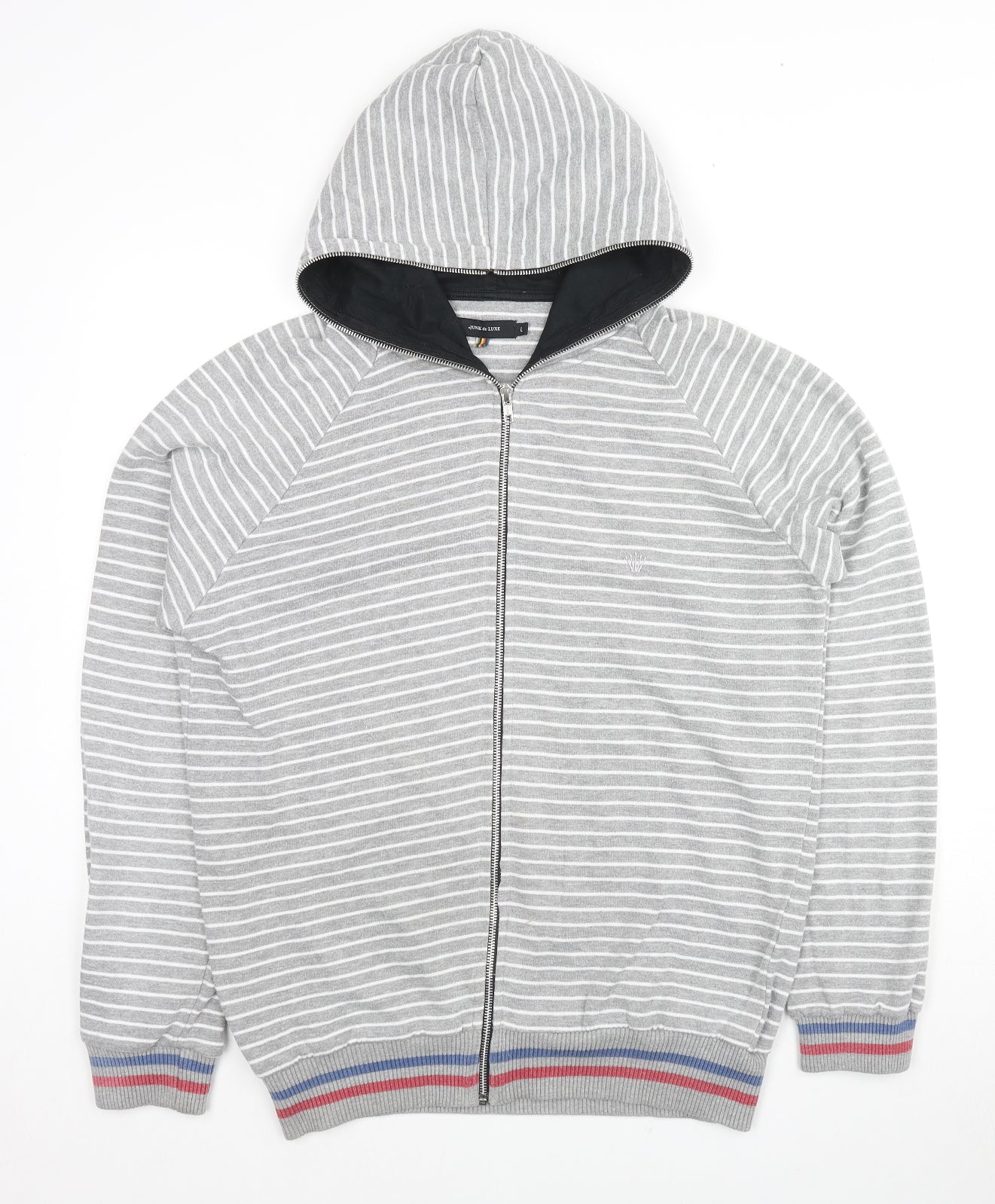 JUNK de LUXE Mens Grey Striped Cotton Full Zip Hoodie Size L