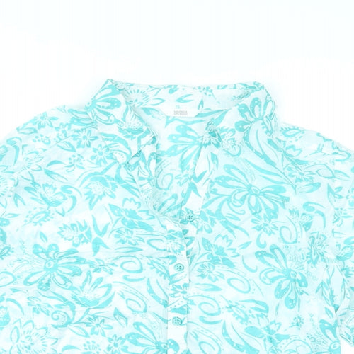 Marks and Spencer Womens Green Floral Cotton Basic Button-Up Size 16 Collared