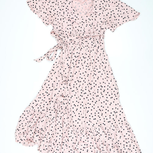 Marks and Spencer Womens Pink Polka Dot Viscose A-Line Size 12 V-Neck Tie