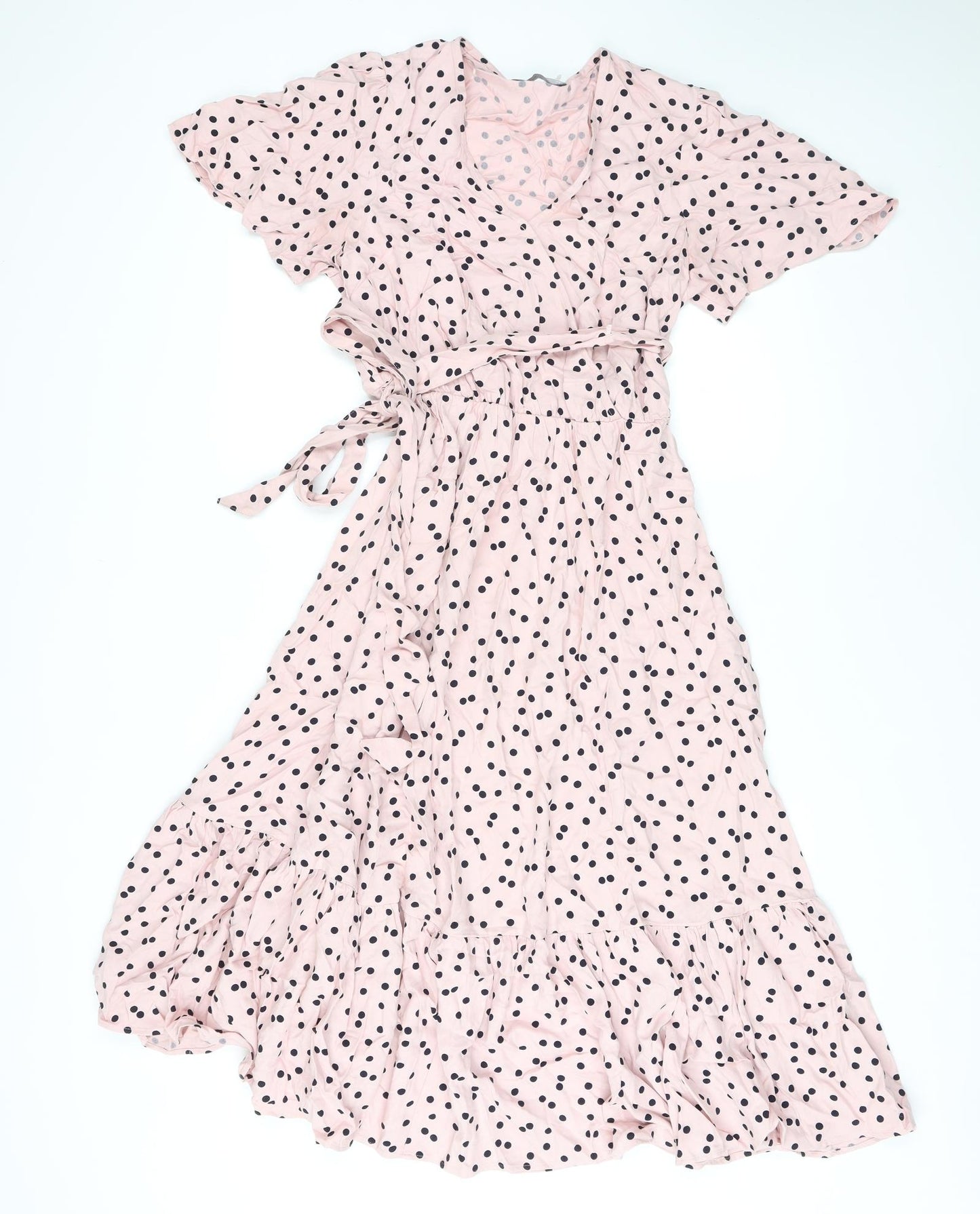 Marks and Spencer Womens Pink Polka Dot Viscose A-Line Size 12 V-Neck Tie