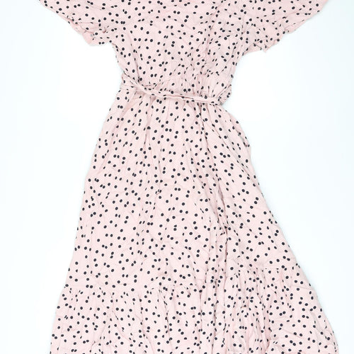 Marks and Spencer Womens Pink Polka Dot Viscose A-Line Size 12 V-Neck Tie