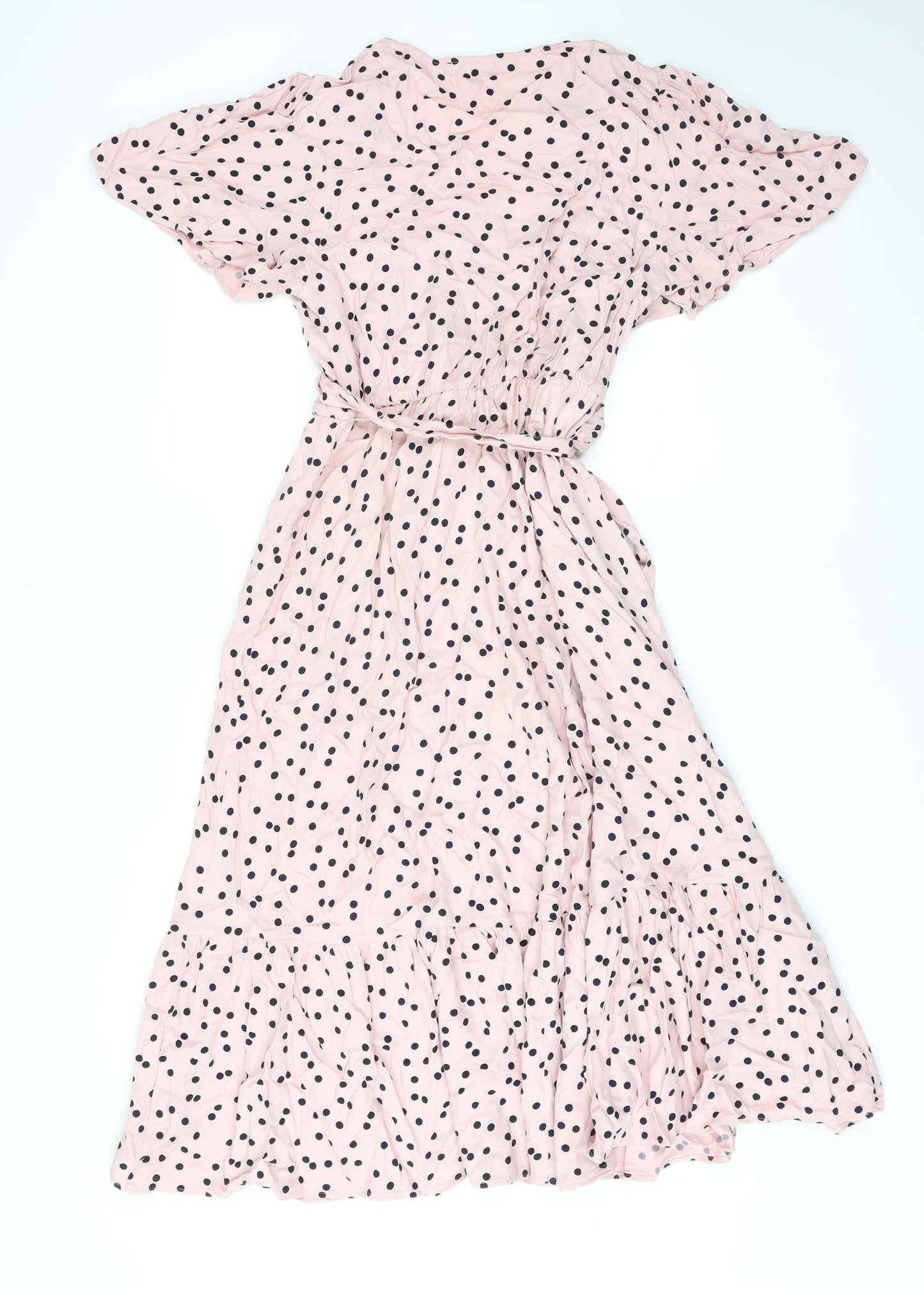 Marks and Spencer Womens Pink Polka Dot Viscose A-Line Size 12 V-Neck Tie
