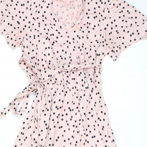 Marks and Spencer Womens Pink Polka Dot Viscose A-Line Size 12 V-Neck Tie