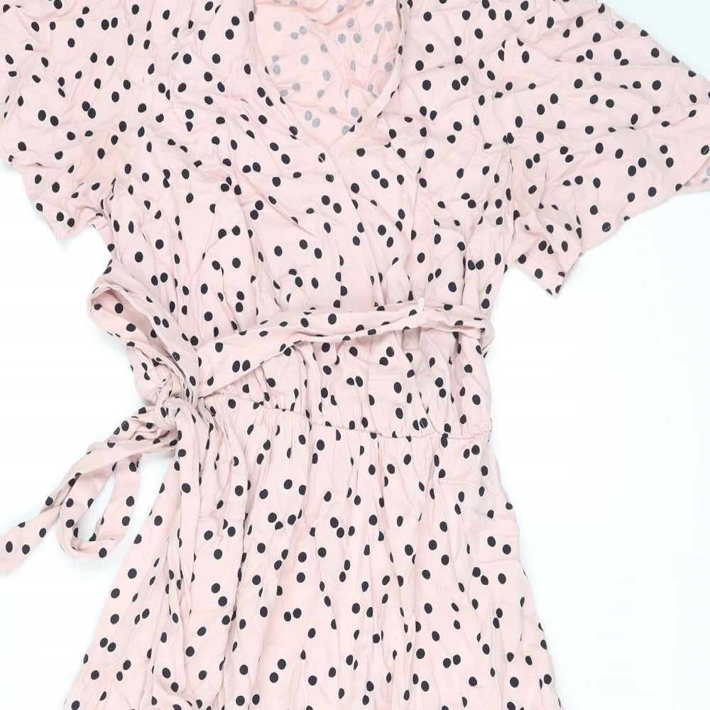 Marks and Spencer Womens Pink Polka Dot Viscose A-Line Size 12 V-Neck Tie