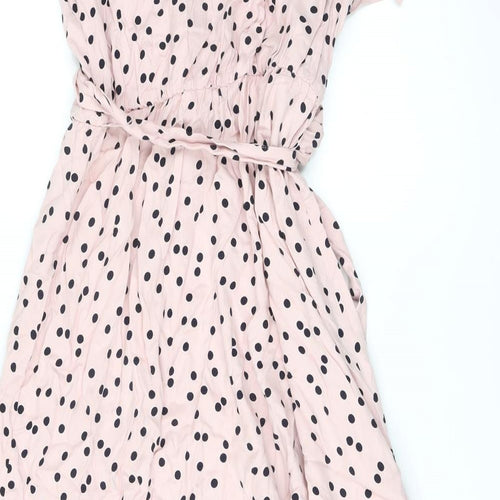 Marks and Spencer Womens Pink Polka Dot Viscose A-Line Size 12 V-Neck Tie