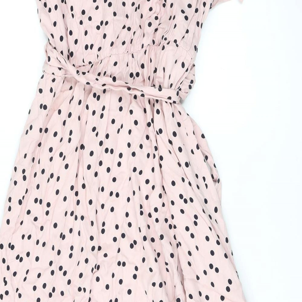 Marks and Spencer Womens Pink Polka Dot Viscose A-Line Size 12 V-Neck Tie