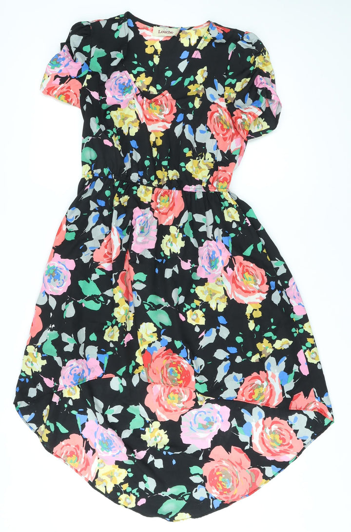Louche Womens Black Floral Polyester A-Line Size 8 V-Neck Pullover