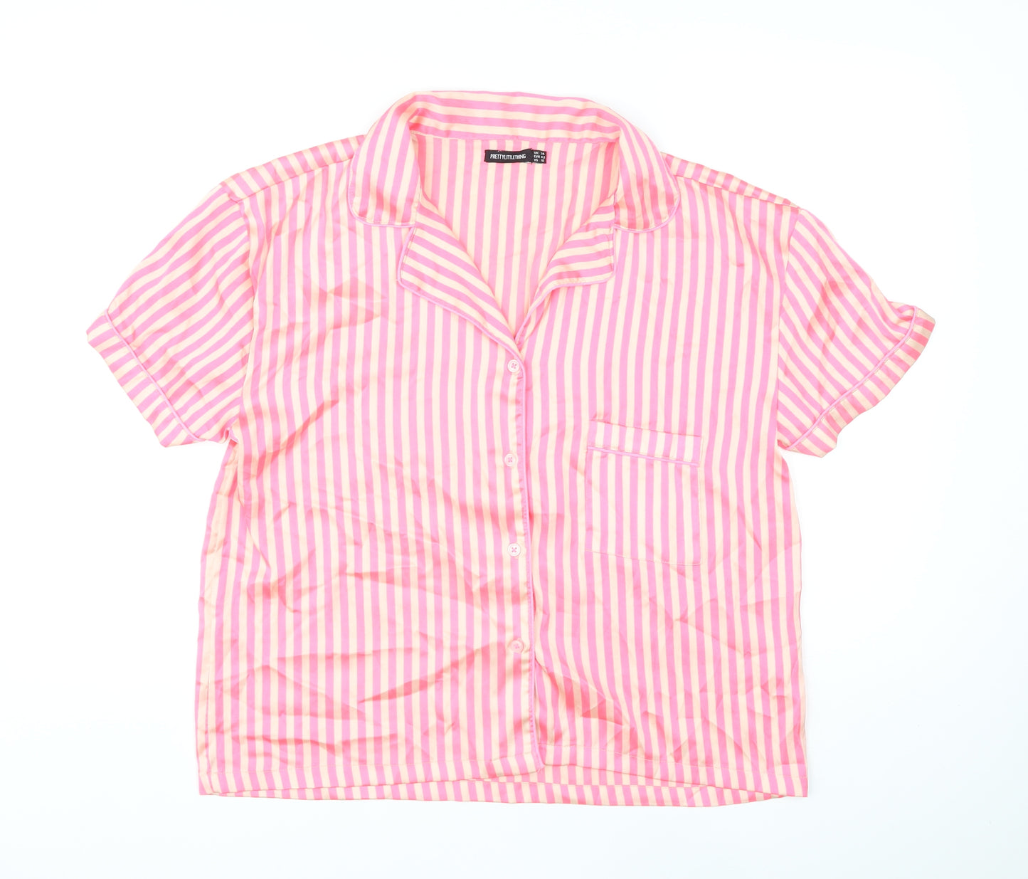 PRETTYLITTLETHING Womens Pink Striped Polyester Top Pyjama Top Size 14 Button