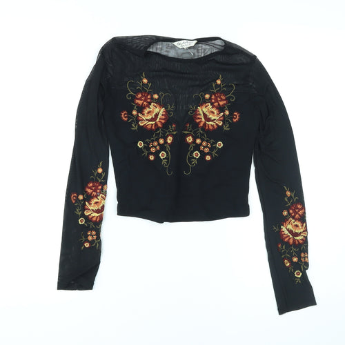 Miss Selfridge Womens Black Floral Polyester Basic T-Shirt Size 6 Round Neck - Embroidery
