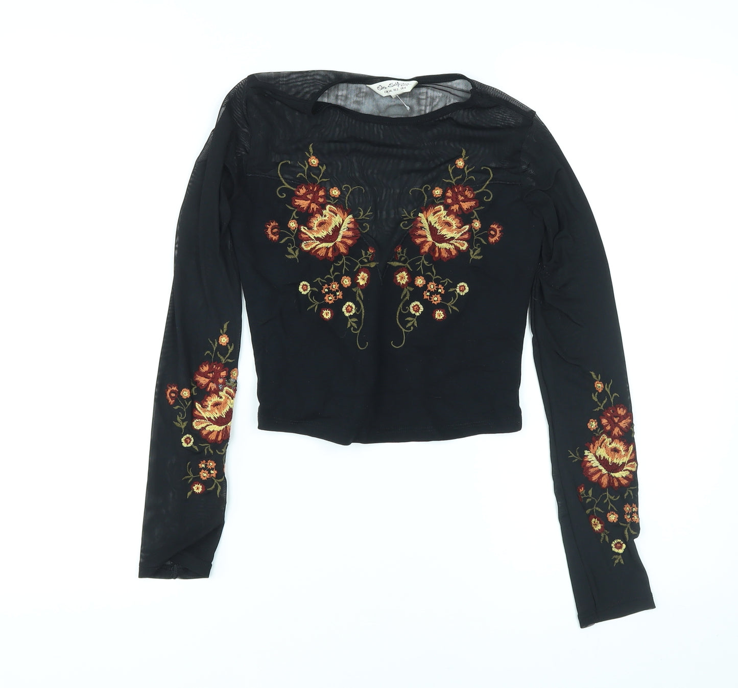 Miss Selfridge Womens Black Floral Polyester Basic T-Shirt Size 6 Round Neck - Embroidery