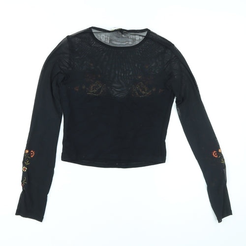 Miss Selfridge Womens Black Floral Polyester Basic T-Shirt Size 6 Round Neck - Embroidery