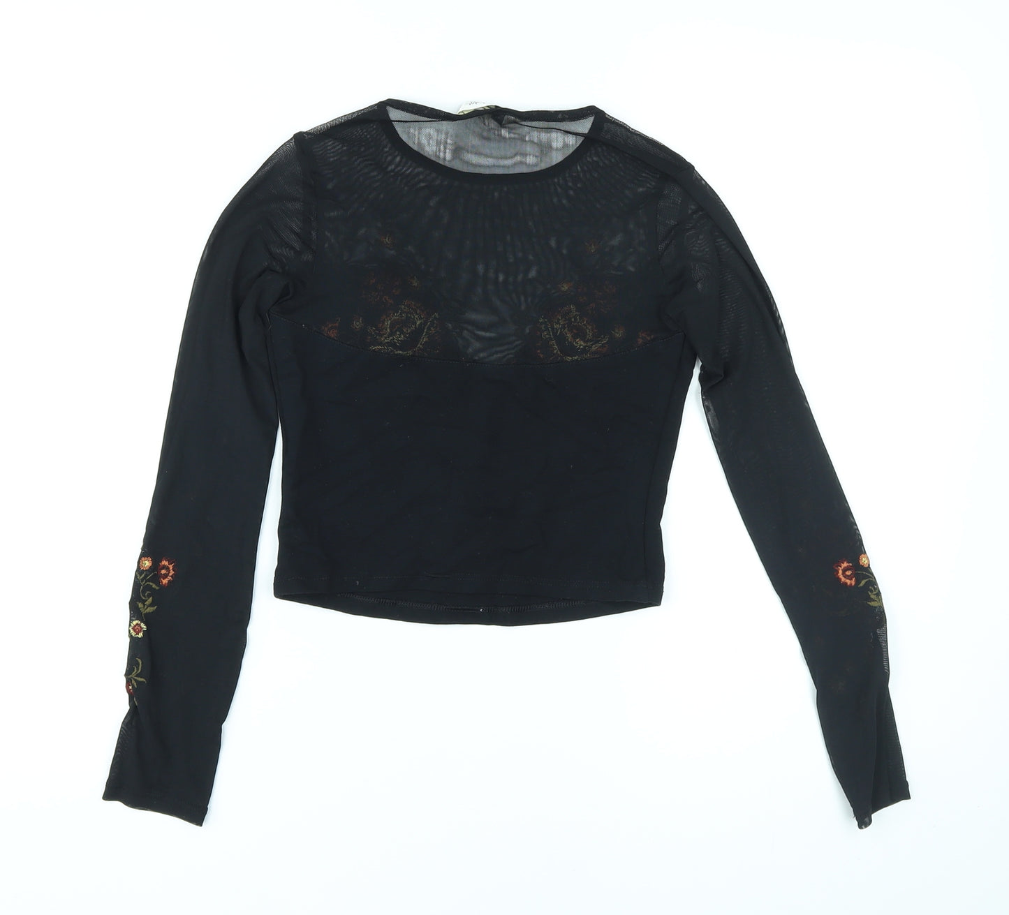 Miss Selfridge Womens Black Floral Polyester Basic T-Shirt Size 6 Round Neck - Embroidery