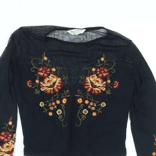 Miss Selfridge Womens Black Floral Polyester Basic T-Shirt Size 6 Round Neck - Embroidery